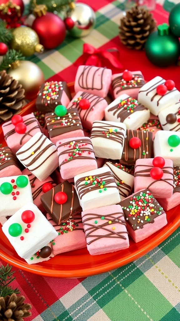 A festive display of chocolate-dipped marshmallows with sprinkles on a holiday table.